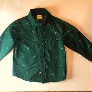 Boys size 2T button down green dress shirt with cars